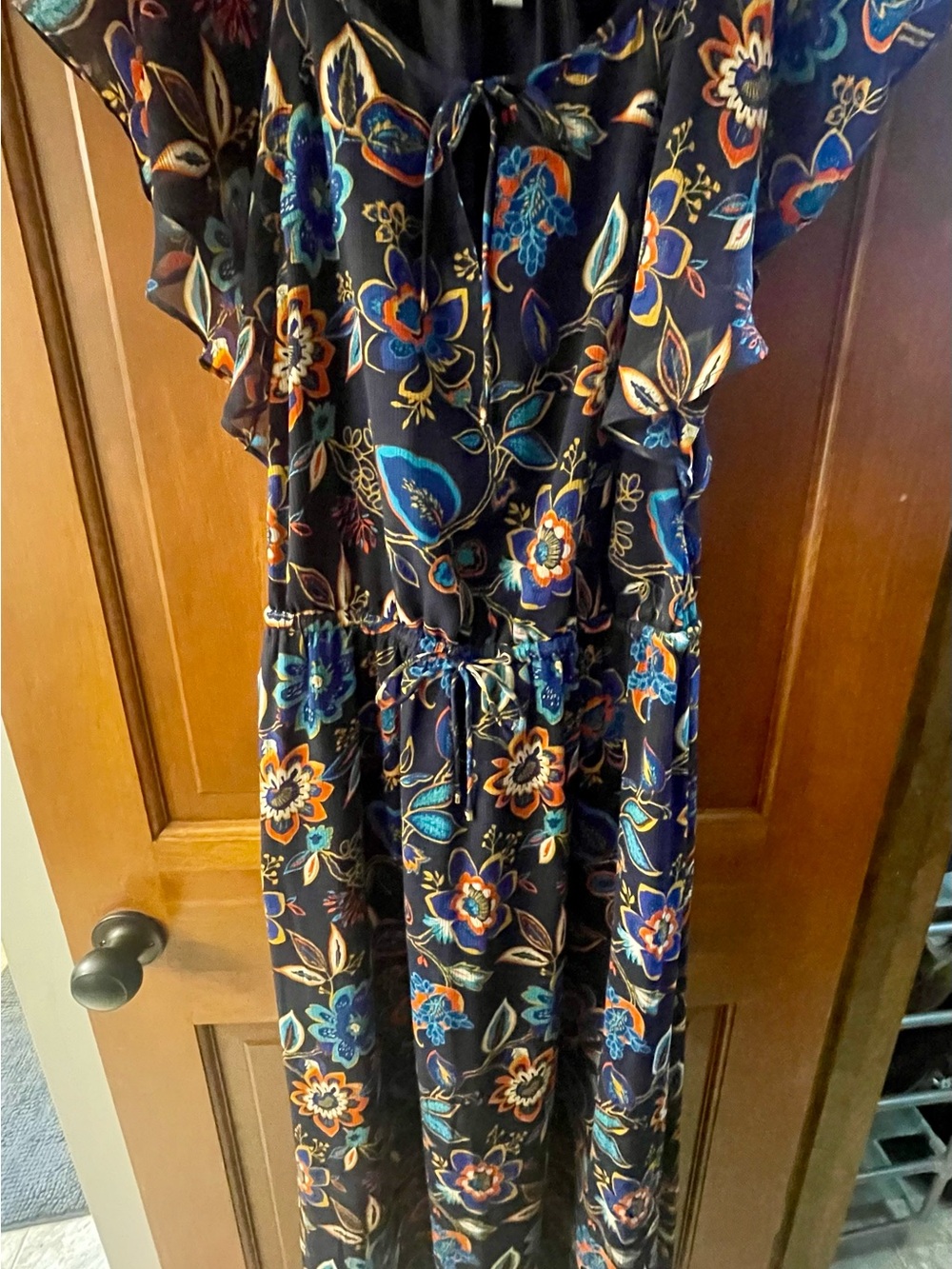 a new day Navy Floral Tie-Waist Maxi Dress with Blue and Orange Accents